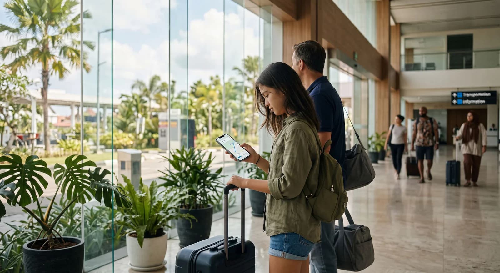 Calm arrival at Bali airport with luggage, route phone, and tropical light in the arrivals area.