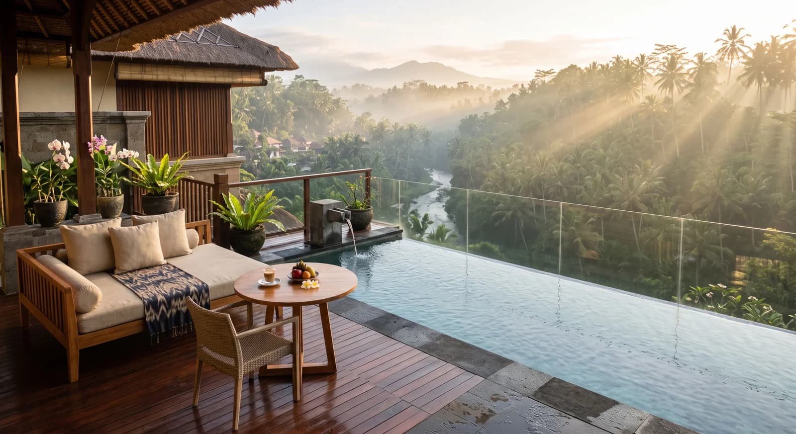 Luxury resort balcony overlooking lush tropical palm forest and river valley in Ubud