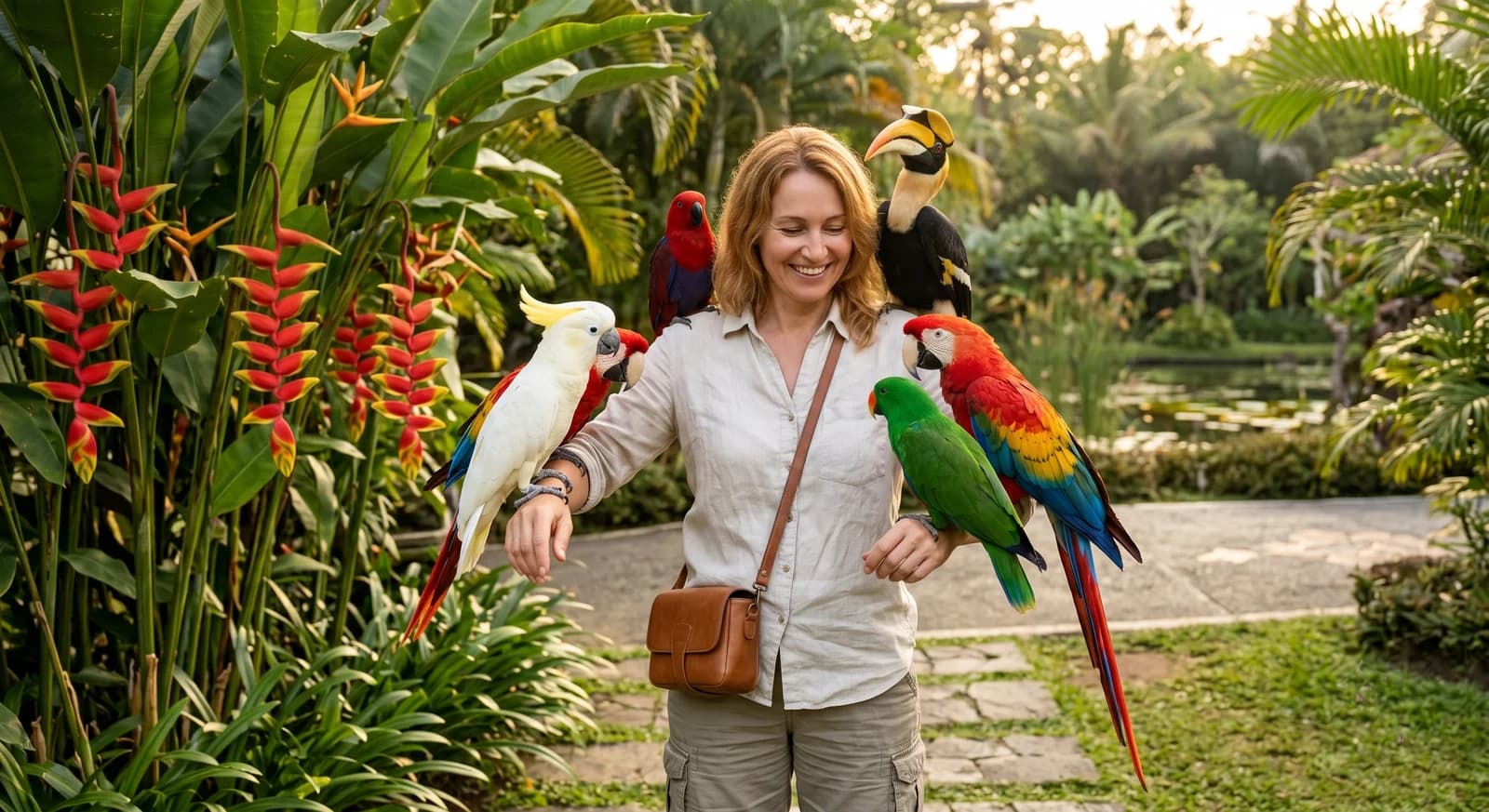 Солнечная женщина на фоне экзотических попугаев в Bali Bird Park, среди тропической зелени, наслаждаясь турами Бали и Убудом.