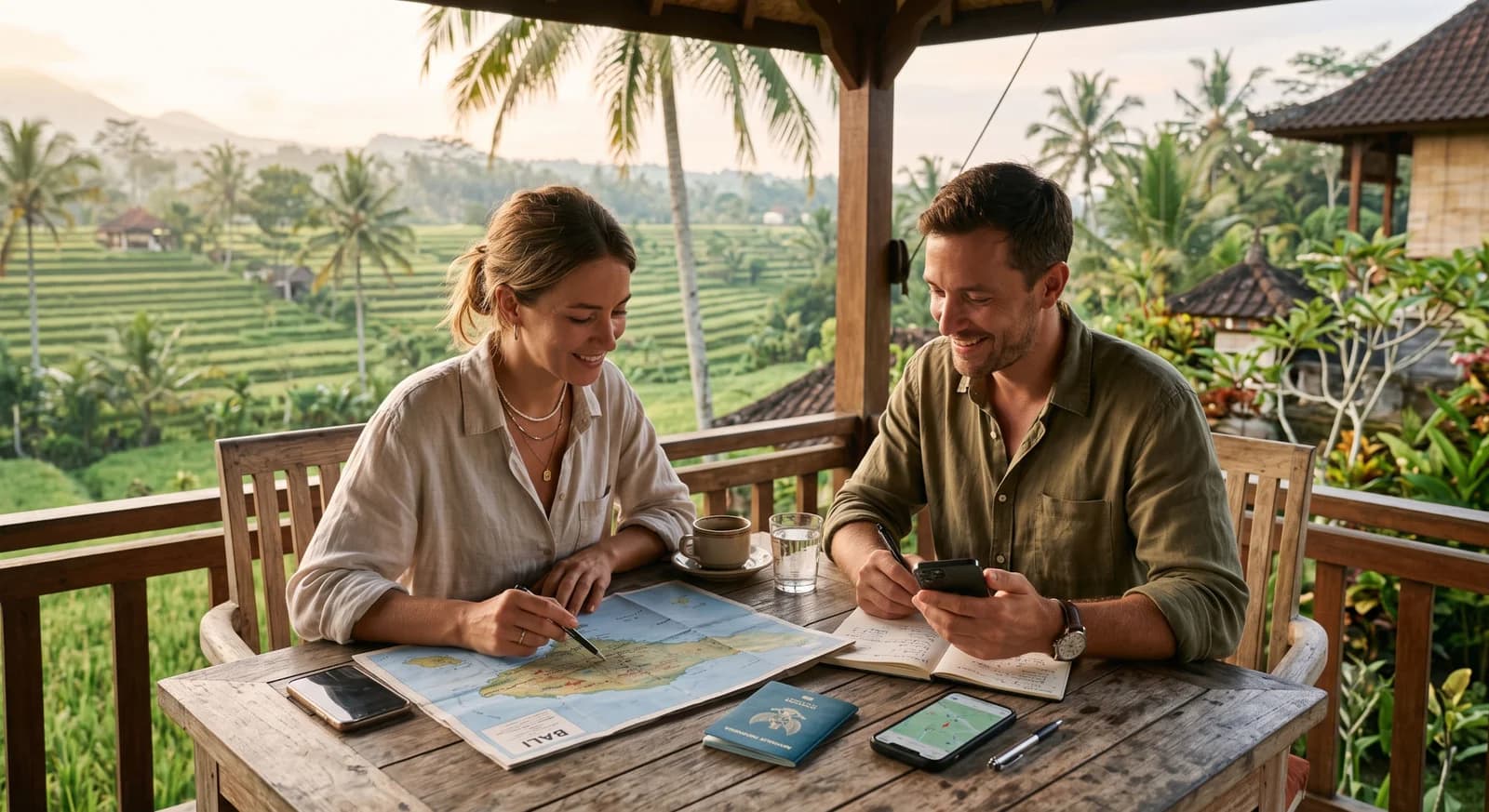 Travelers planning a first trip to Bali with an island map, passport, and phone against a rice terrace backdrop.