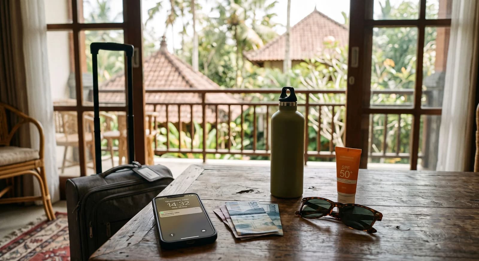 Bali arrival kit with eSIM phone, rupiah cash, water, sunscreen, and luggage.