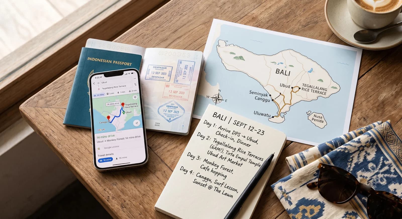 First Bali trip planning board with passport, island map, phone, sarong, and route notes.