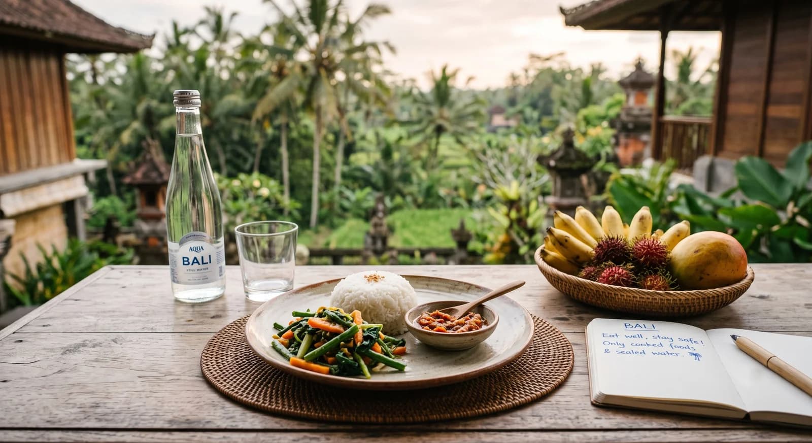 Bali table with bottled water, fruit, rice, sambal, and practical safe travel food.