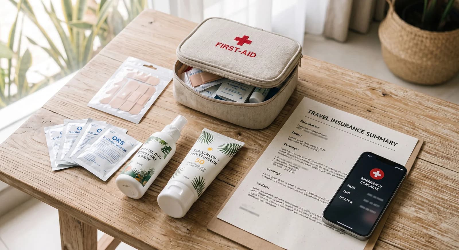 Bali pre-trip safety checklist with map, first-aid kit, repellent, insurance, and phone.