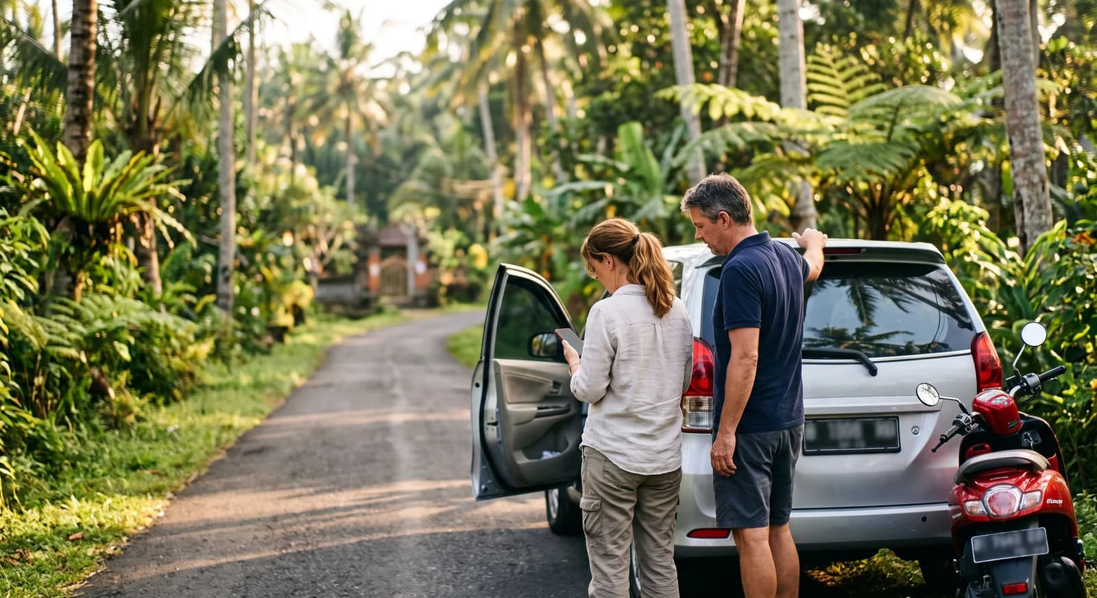 Travelers choosing transport in Bali beside a car, scooter, and phone route map.