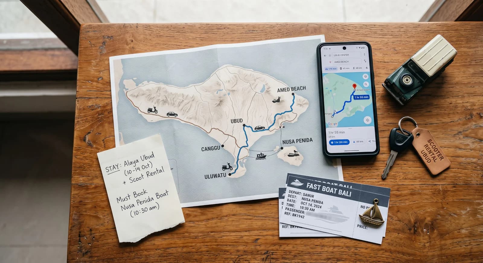 Bali transport scenario map with phone, car, scooter key, and boat tickets.