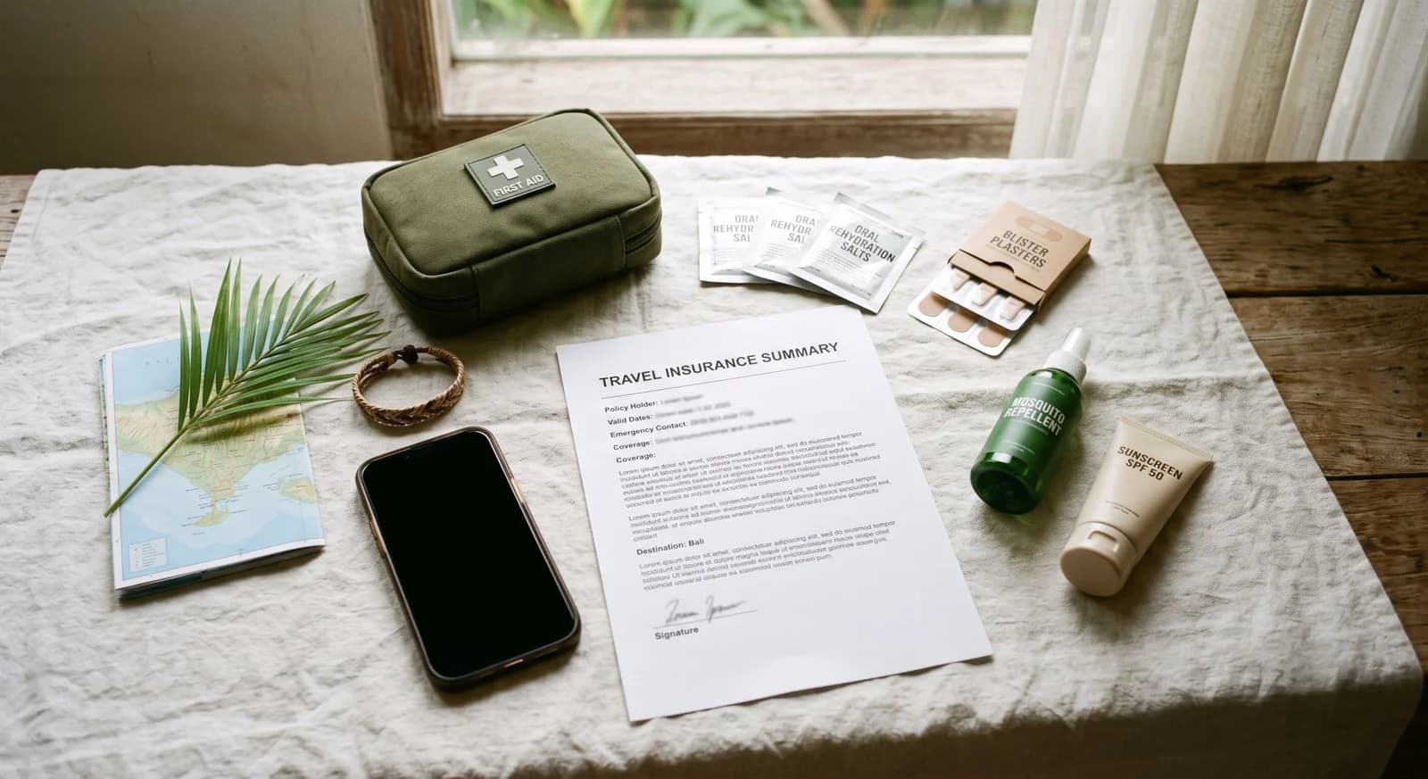 First-aid kit, insurance document, repellent, and phone with emergency contact before a Bali trip.