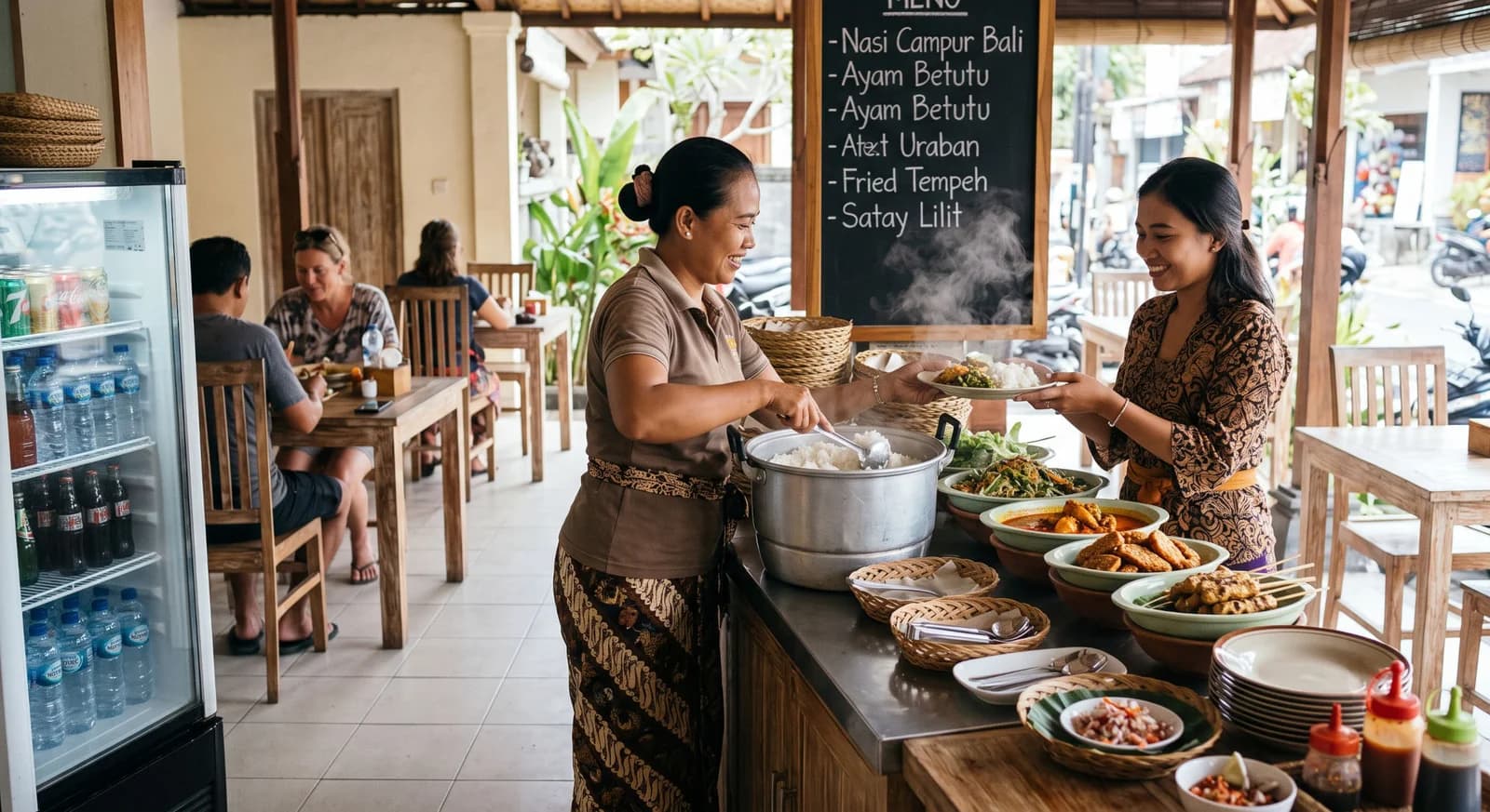 Busy Bali warung with hot freshly cooked food and a clear serving counter.