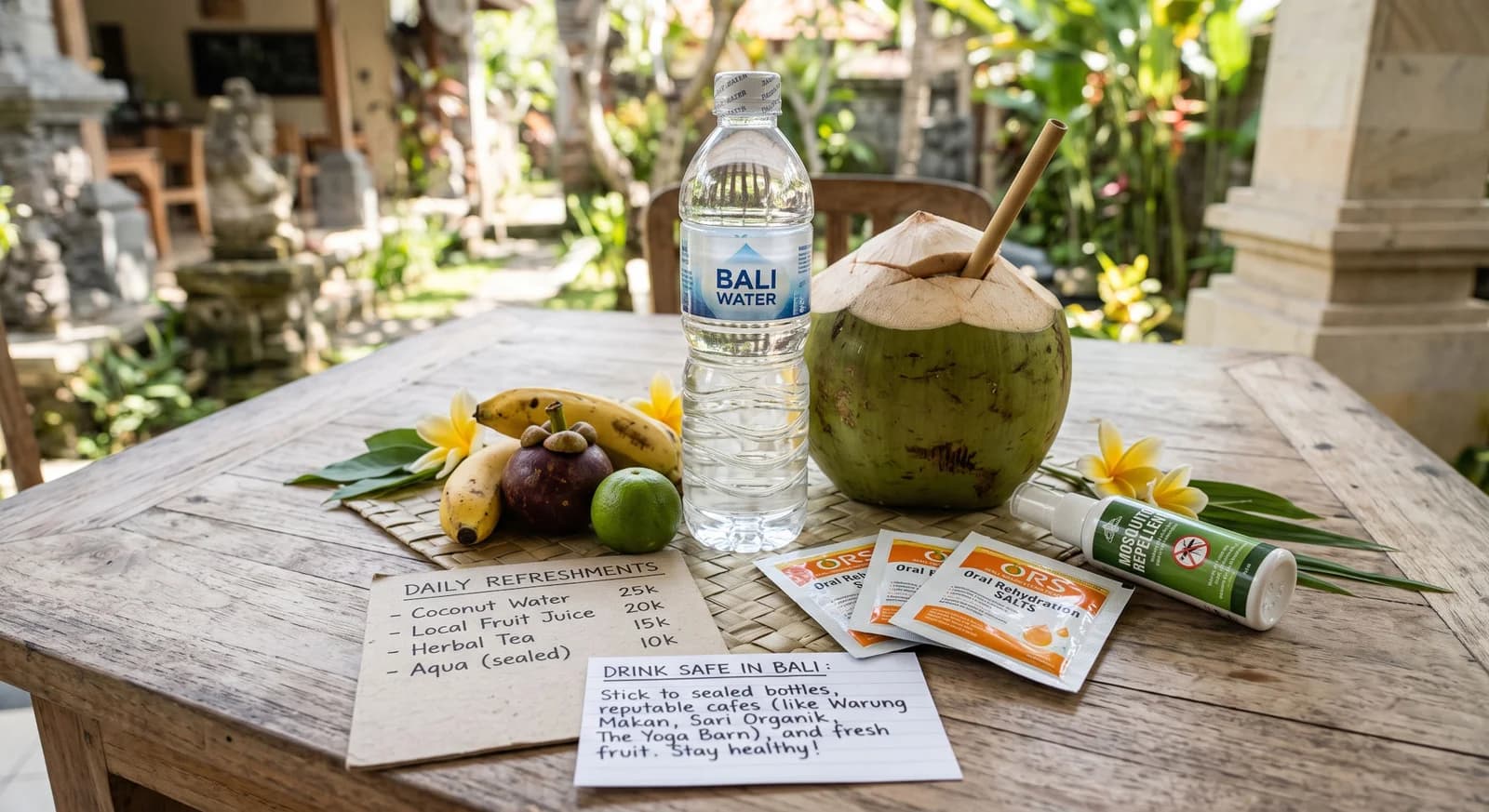 Sealed water, fruit, and safer drink choices in Bali without unregulated spirits.