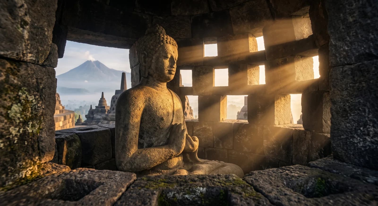 Stone Buddha statue inside stupa at Borobudur temple