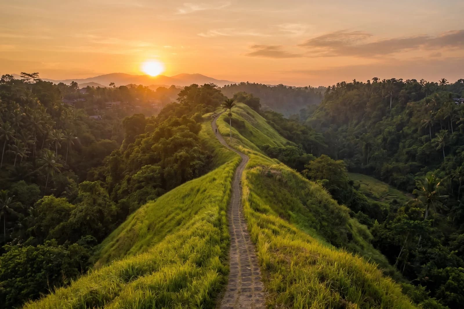 Campuhan Ridge Walk at golden hour: a ridge path above Ubud's green valley at sunset.