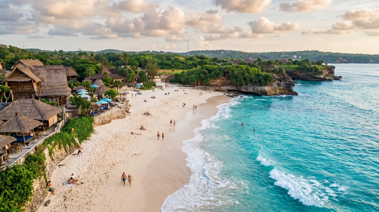 Dream Beach Nusa Lembongan features gentle waves and sandy shores, perfect for Bali tours and relaxation.