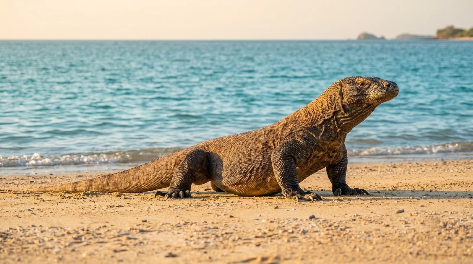 Пейзаж Komodo Dragon Beach с ясным небом и пляжем Ломбока для уникальных туров Бали и экстремальных приключений.