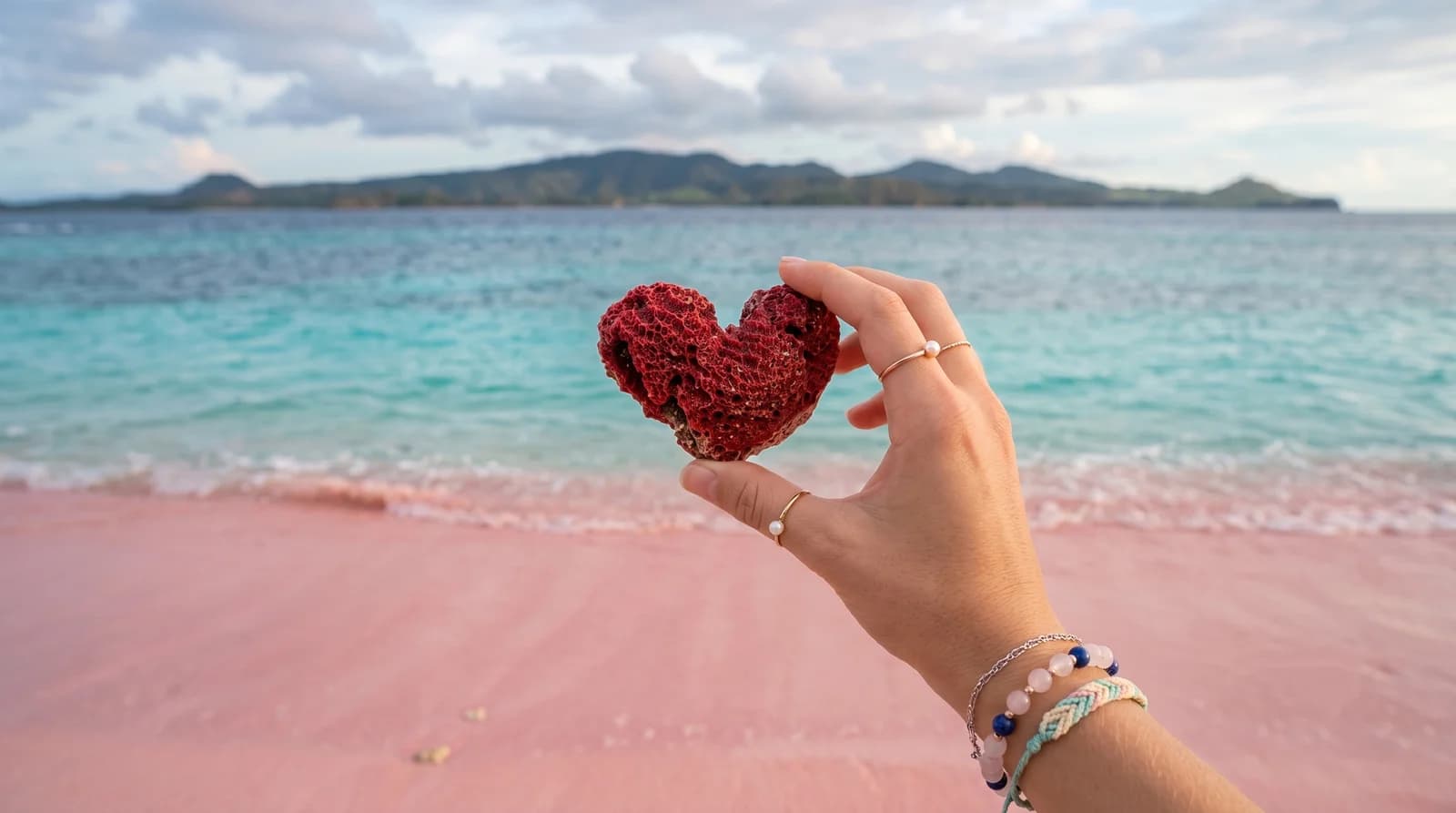 Stunning view of Padar Island's Pink Beach heart, featuring vibrant sand and lush mountains on Komodo Island.