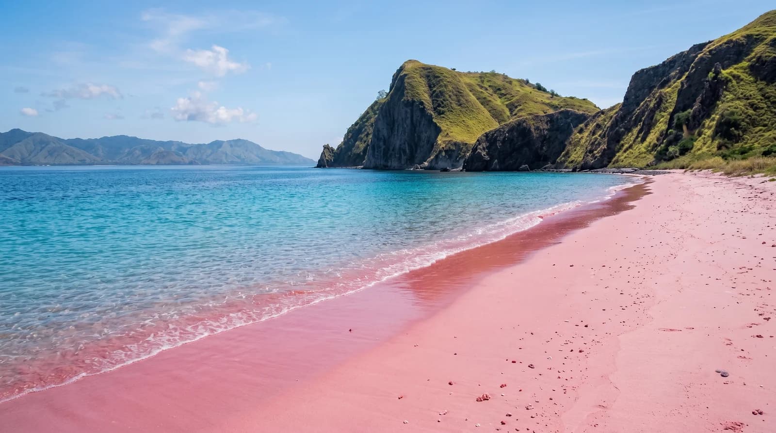Stunning view of Padar Island's Pink Beach, featuring vibrant pink sands and dramatic mountains. Ideal for Bali tours.