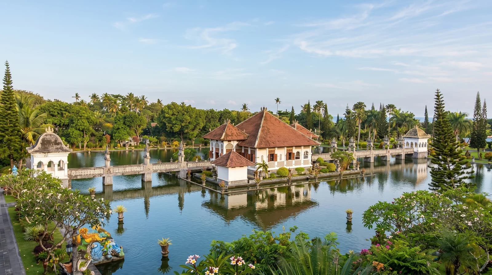 Serene view of Temple Taman Ujung Water Palace, surrounded by lush greenery and tranquil water features.