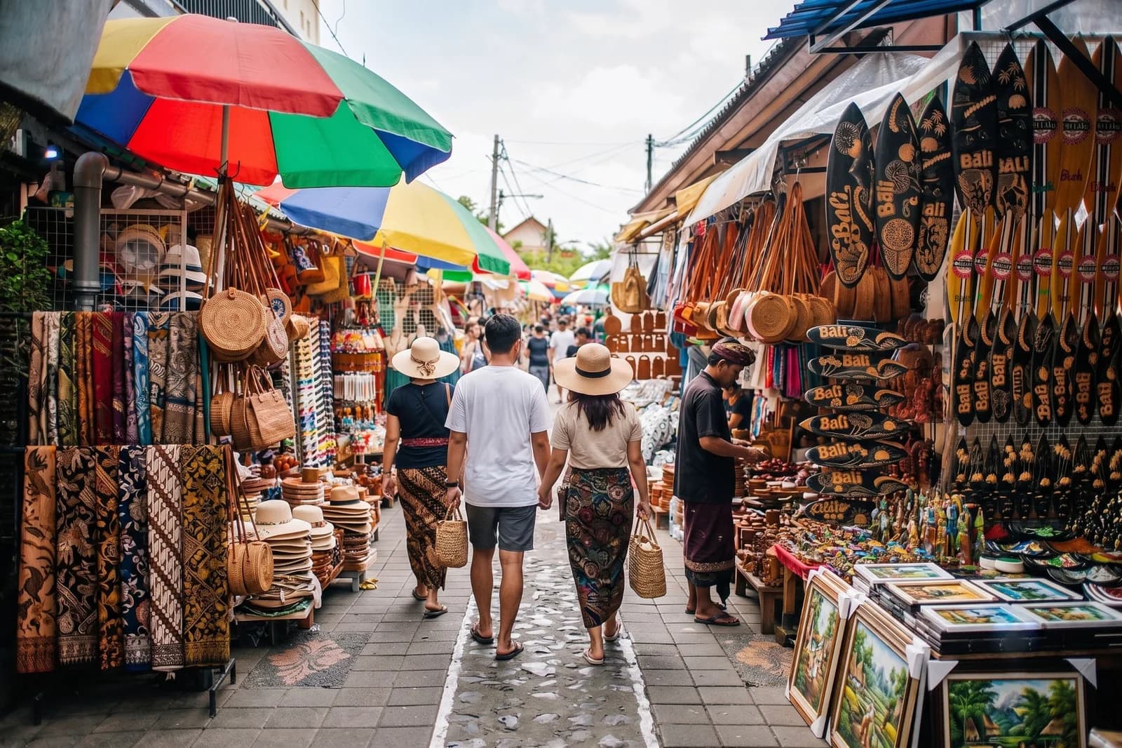 Stalls at Ubud Art Market piled with woven bags, scarves and carvings.