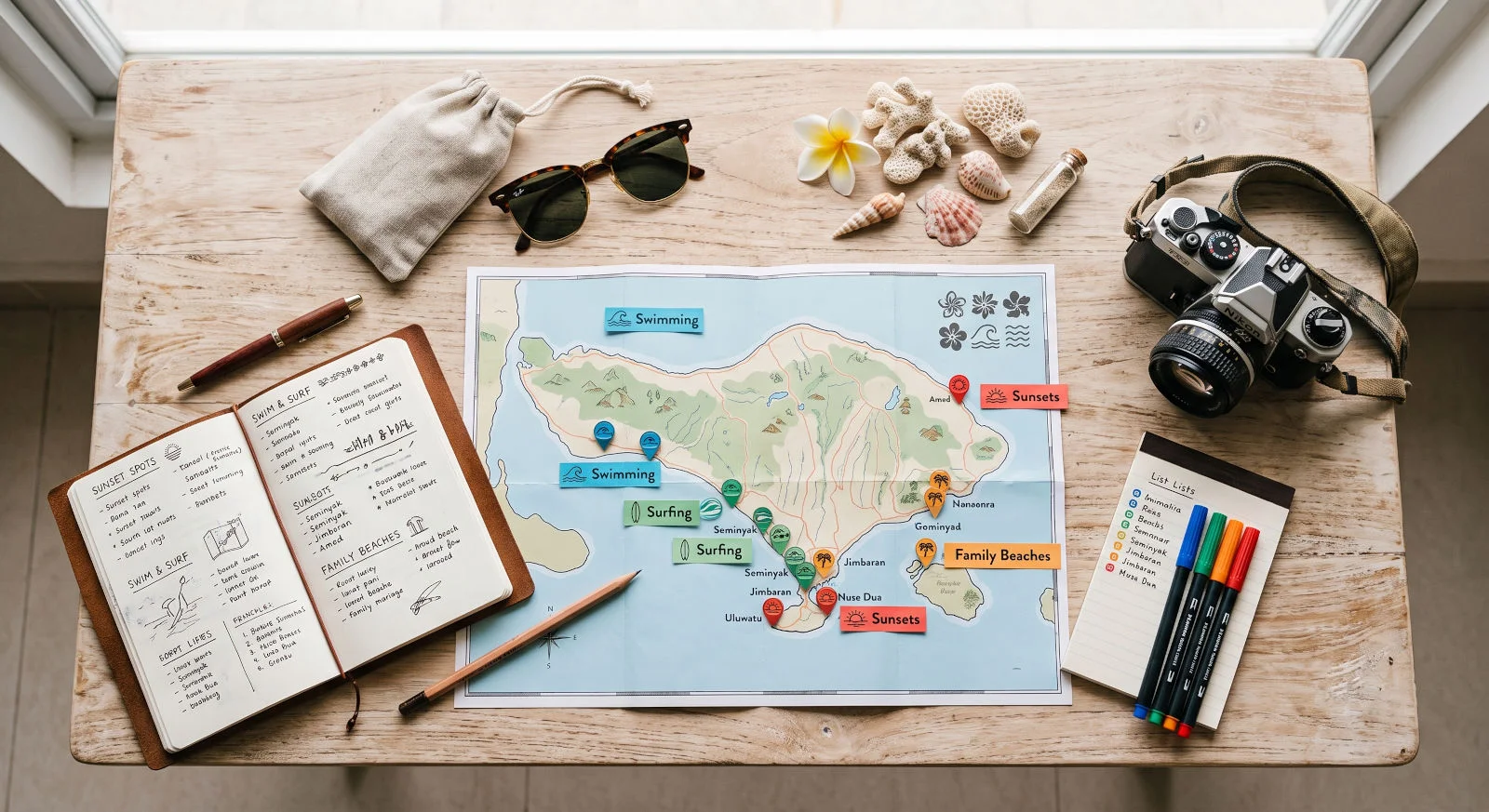 Visual Bali beach selection map for swimming, waves, families, and surfing