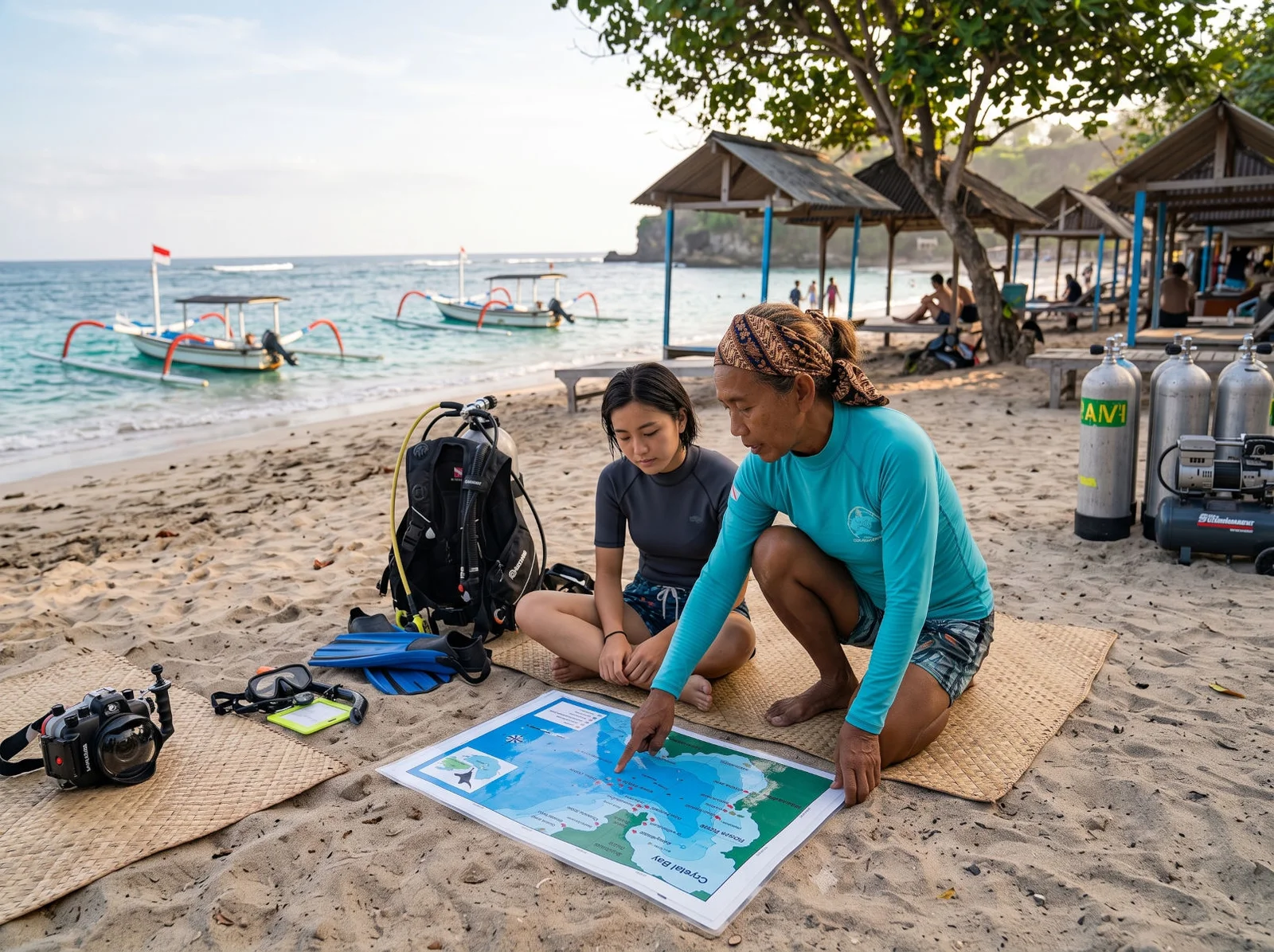 A dive instructor briefing a guest on a beach in Bali before a dive