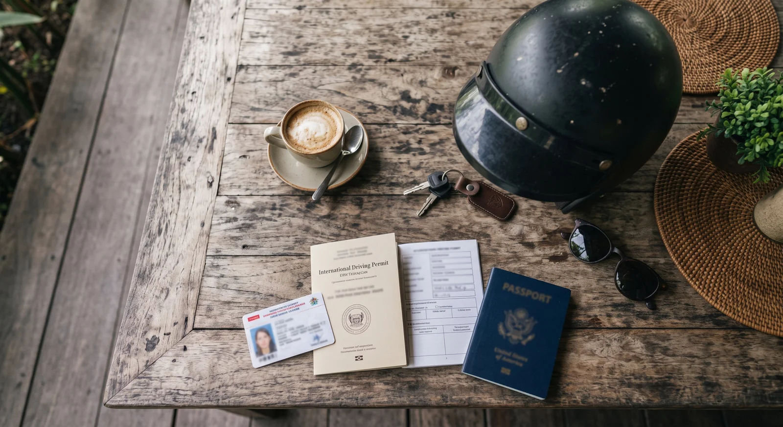 A national driving license and International Driving Permit next to a helmet in Bali