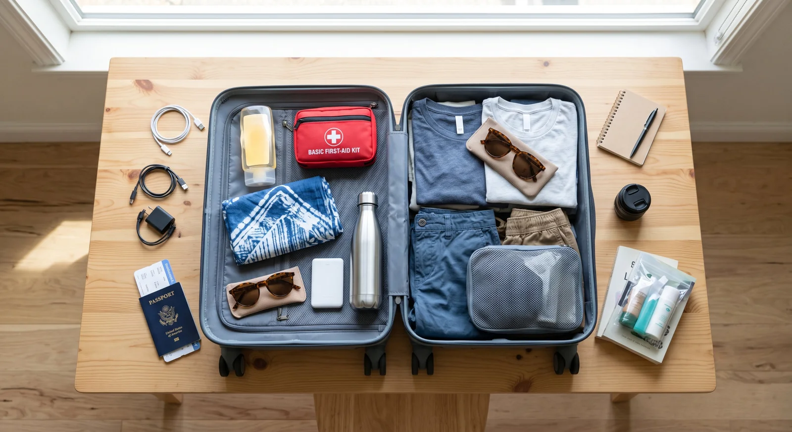 Bali first-trip packing flat lay: sunscreen, first-aid kit, cover-up, and travel documents