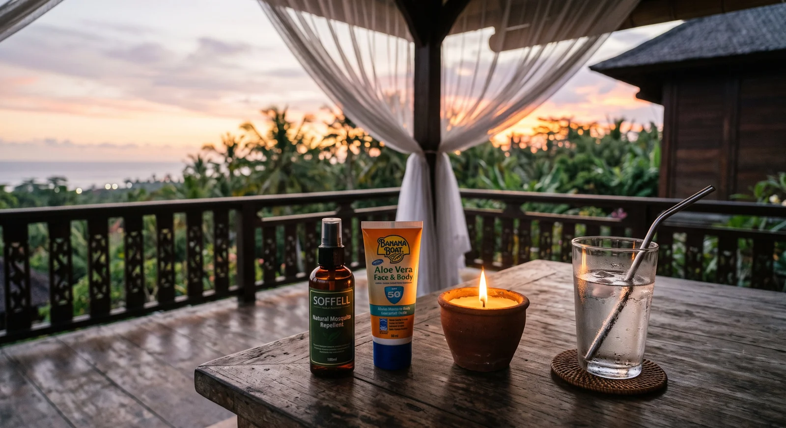 Mosquito repellent, sunscreen, and a mosquito net on a Bali villa terrace
