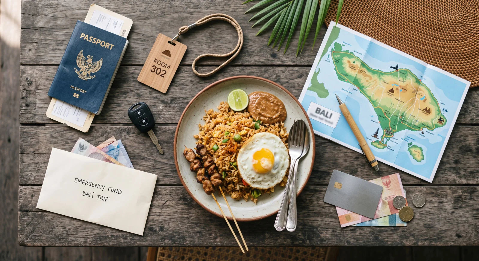 Visual Bali trip budget categories for accommodation, food, transport, tours, and buffer