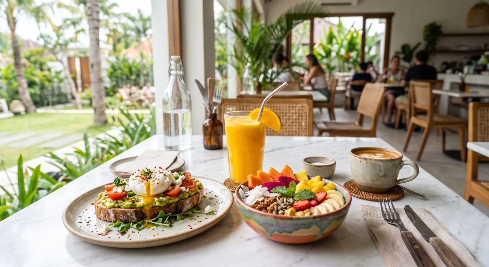 Breakfast in a Bali cafe: coffee, fruit, and avocado toast as examples of dining expenses