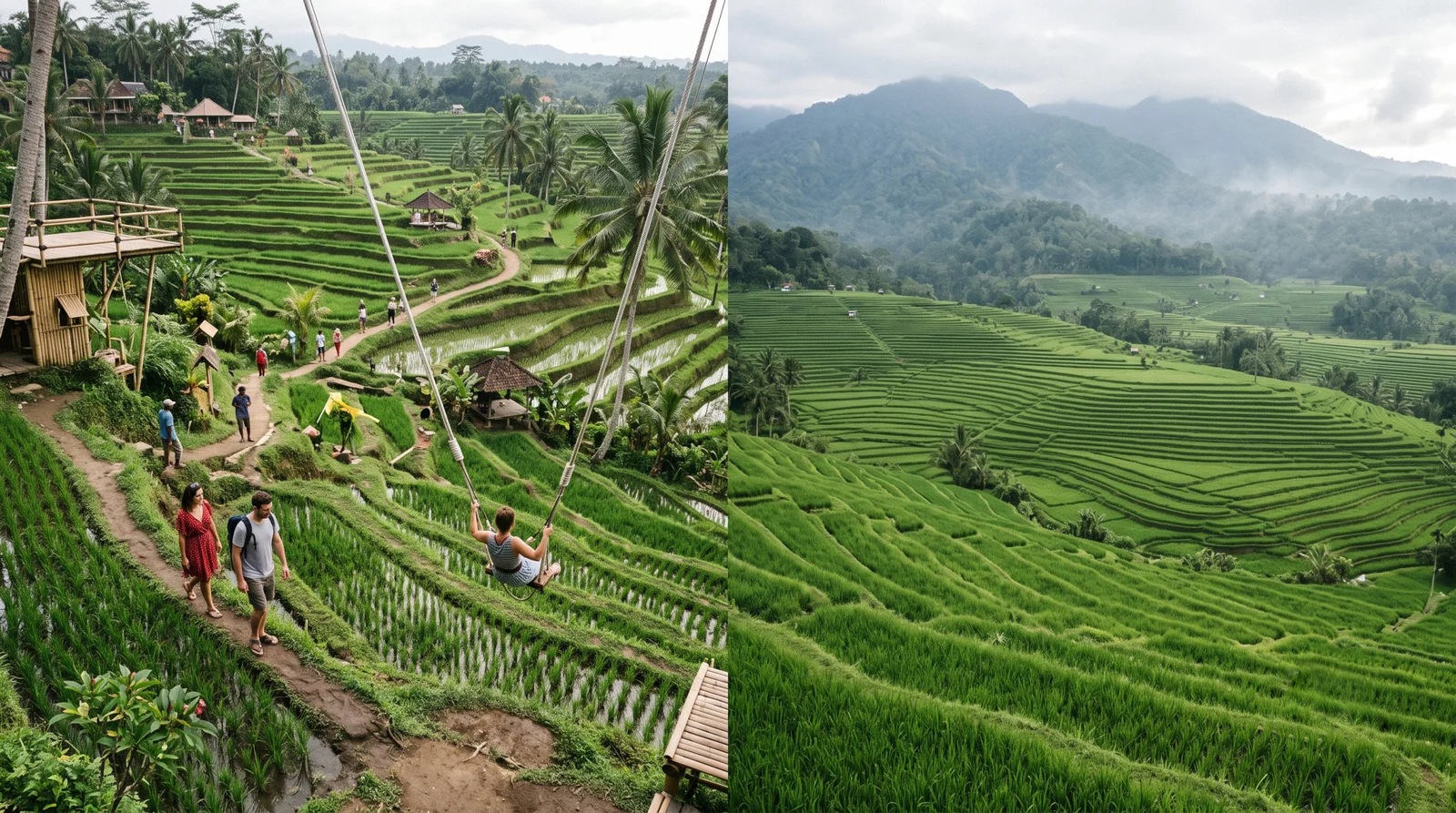 A comparison of compact, busy Tegalalang terraces and vast, empty Jatiluwih terraces