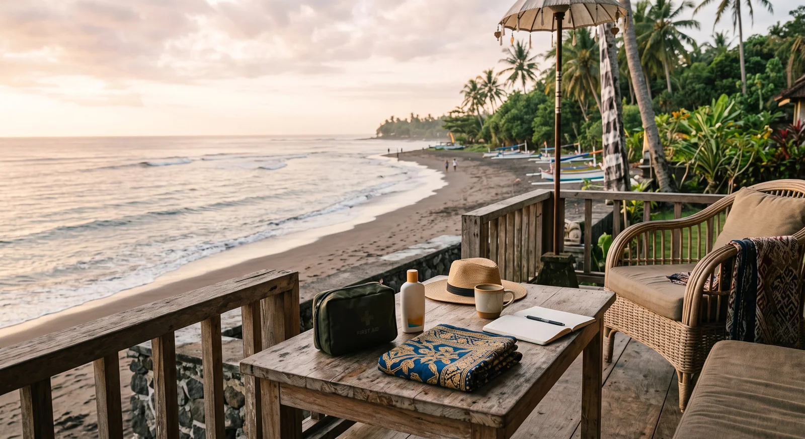 A calm beach and villa terrace with a first-aid kit and sarong — an overview of Bali safety basics