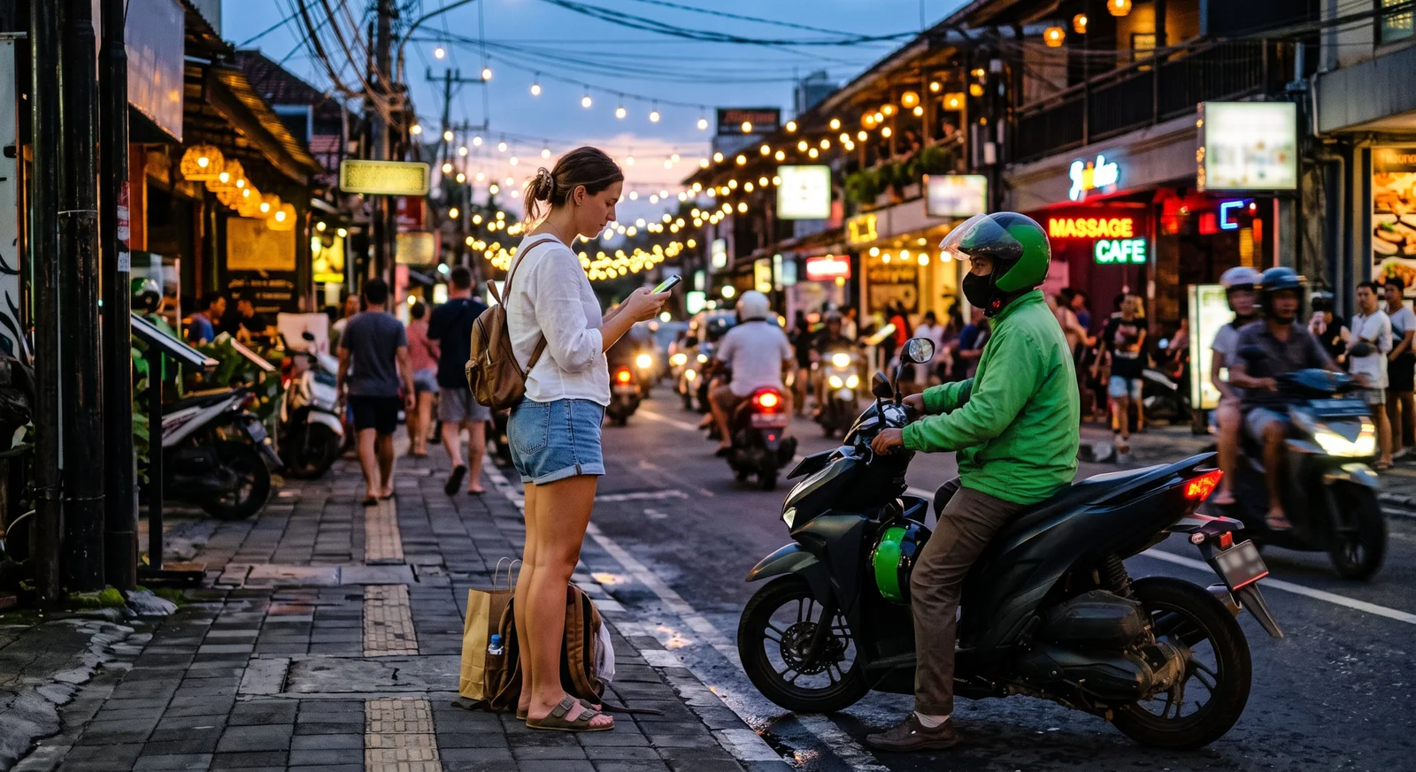 A tourist booking a ride-hailing taxi on an evening street in a Bali tourist area