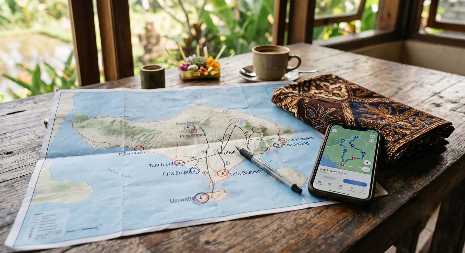 A Bali map marked with temples, a sarong, and a phone with a route