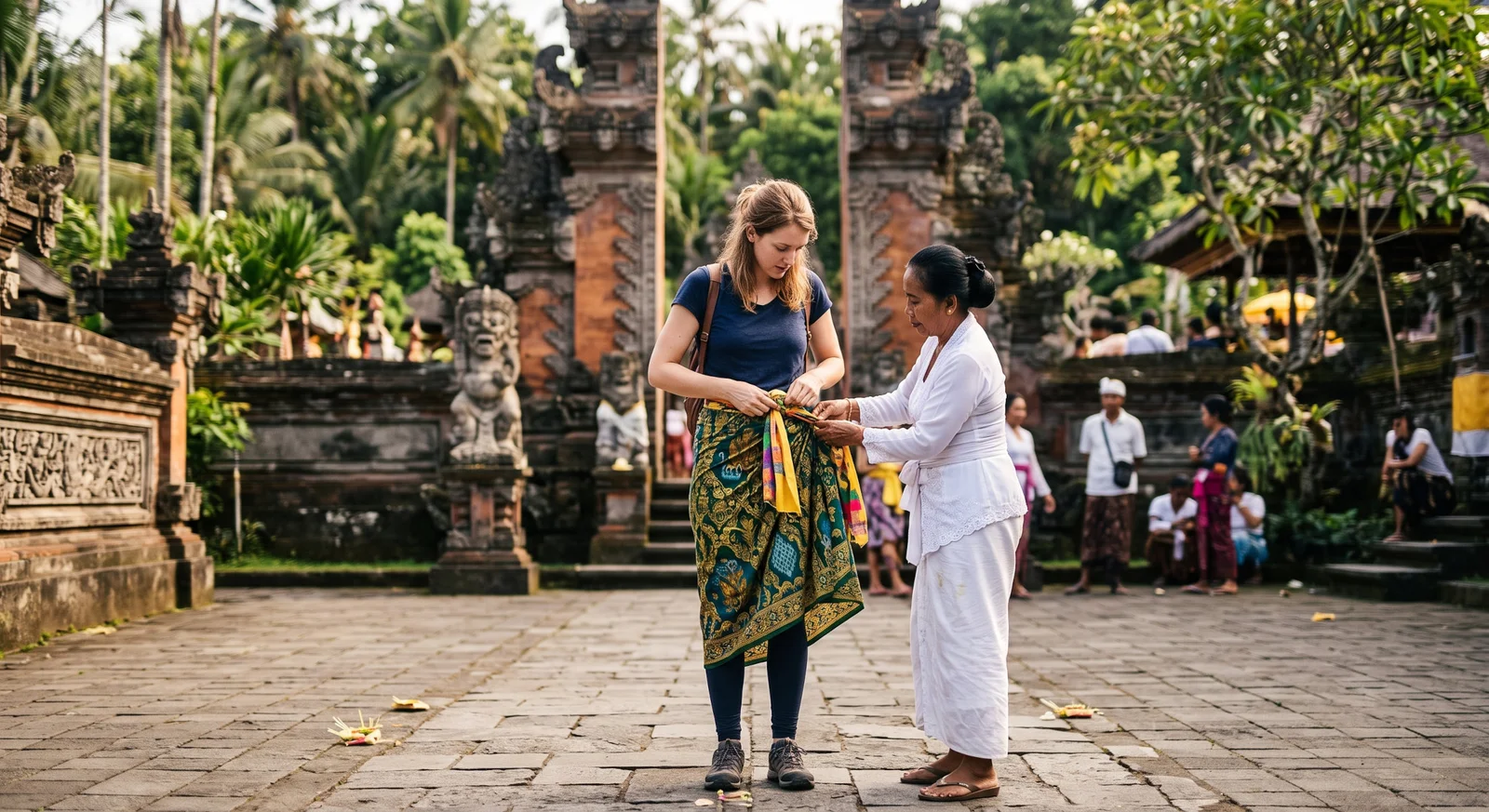 A tourist tying a sarong before entering a Bali temple