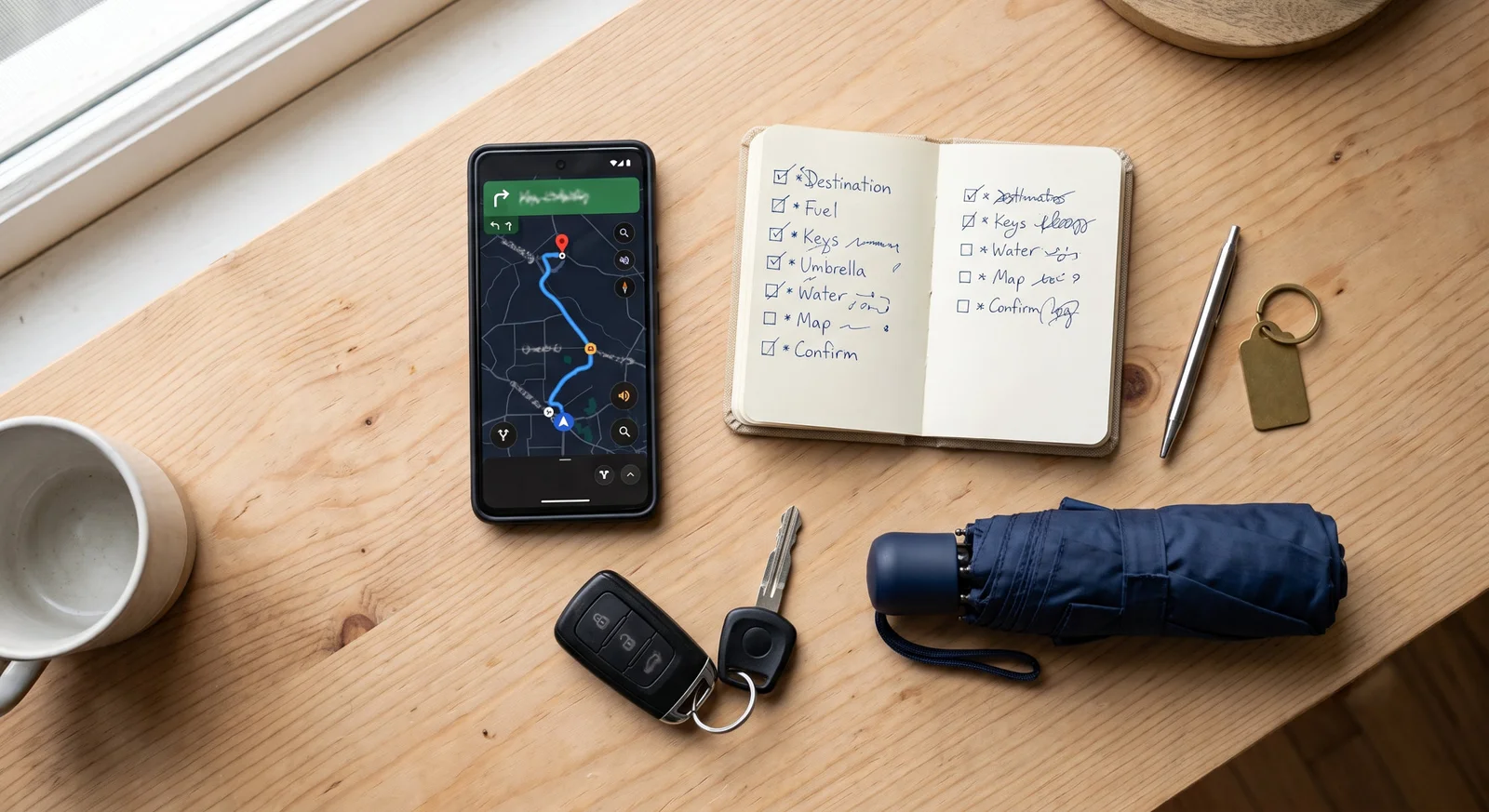 A calm Bali transport-logistics checklist: phone with a map, scooter and car keys, an umbrella
