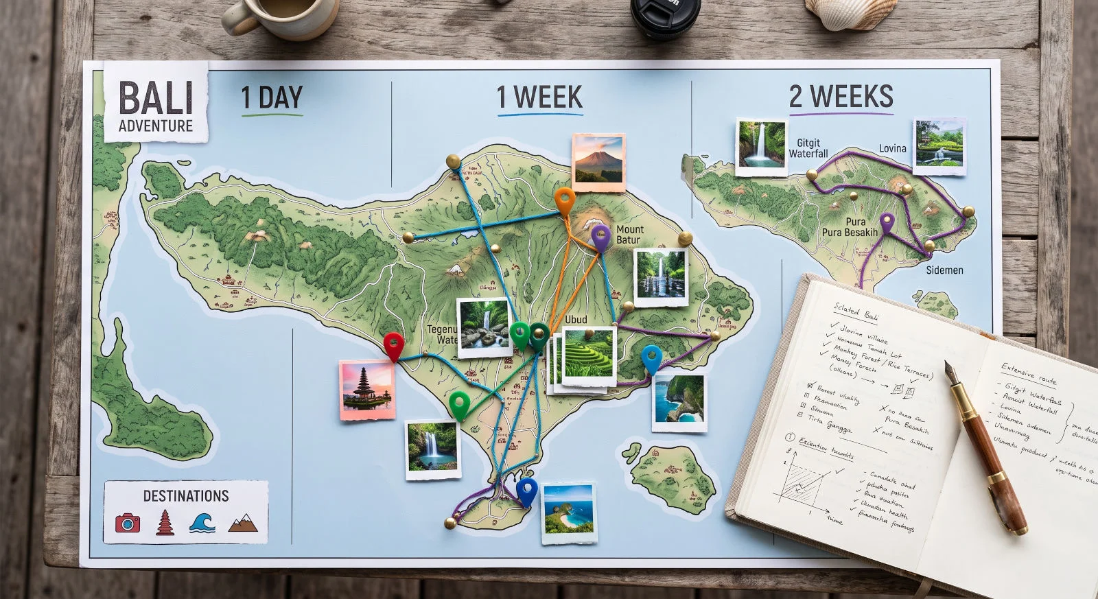 Bali itinerary board for one day, one week, 10 days, and two weeks
