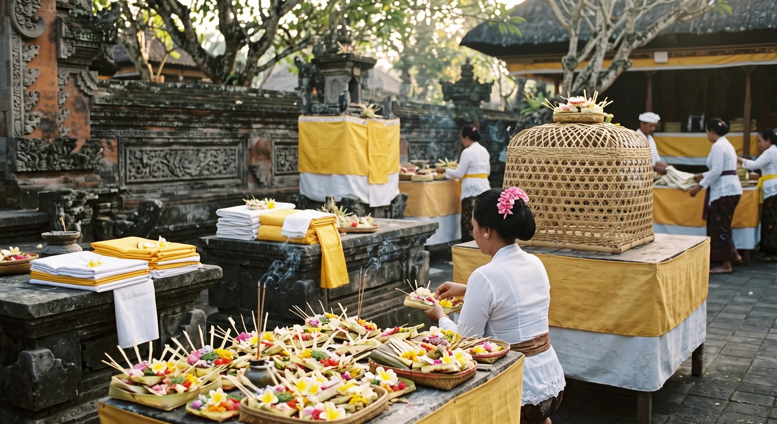 Traditional Balinese offering ceremony with vibrant decorations