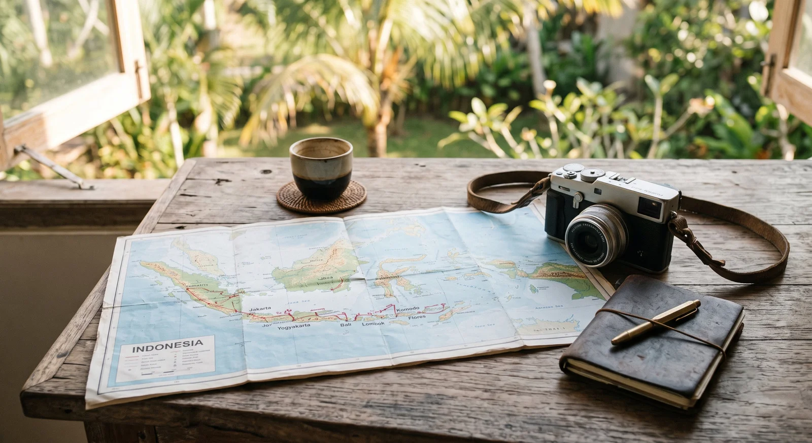 A map of Indonesia's islands, a camera, and a notebook on a table