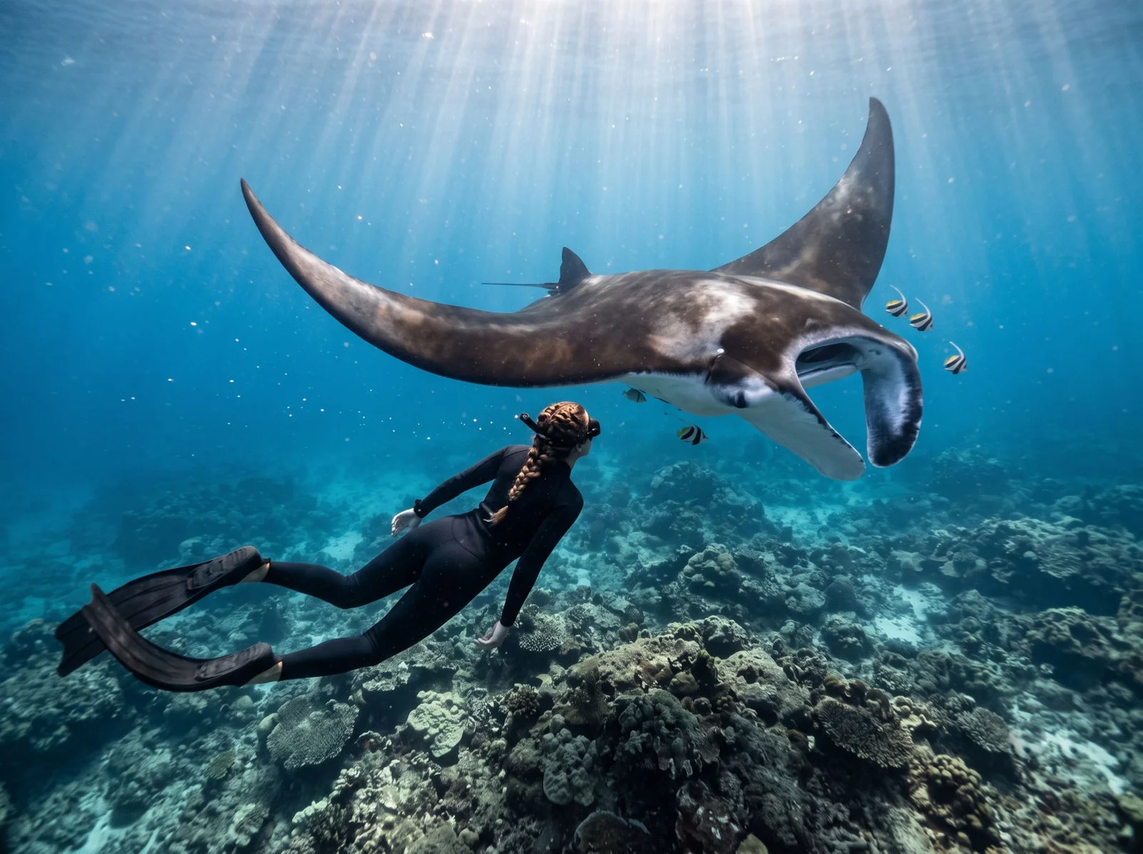 A snorkeler swimming alongside a giant manta ray at Nusa Penida