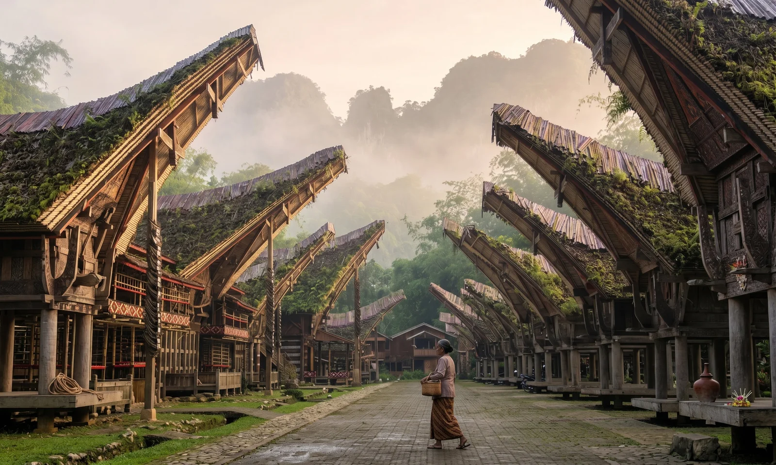 Traditional tongkonan houses in Tana Toraja, Sulawesi, in morning mist